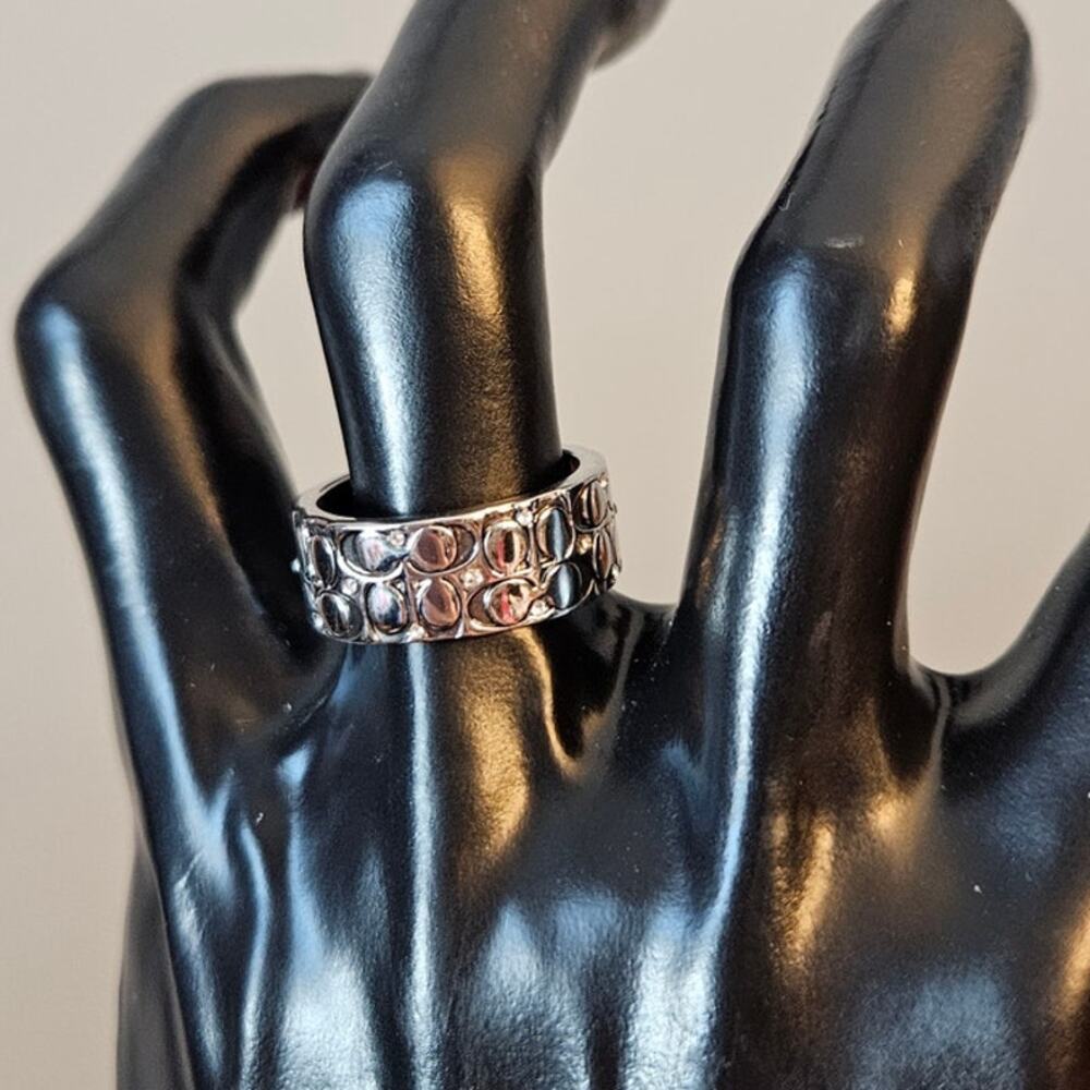 COACH Silver Tone Crystal Quilted C Wide Band Ring Size 6 NWOT Discontinued